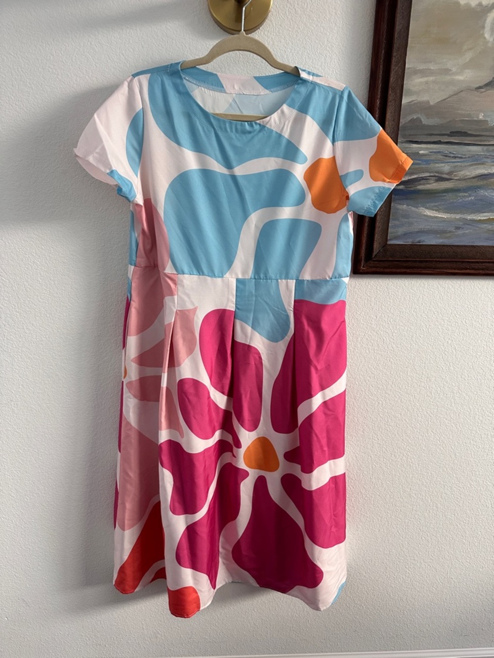 Girls Floral Colorblock Cotton Dress in Pink & Blue
